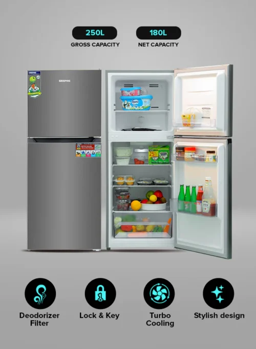 GEEPAS 250 L GROSS | 180 L NET NO‑FROST DOUBLE‑DOOR REFRIGERATOR | MODEL GRF2522SXN